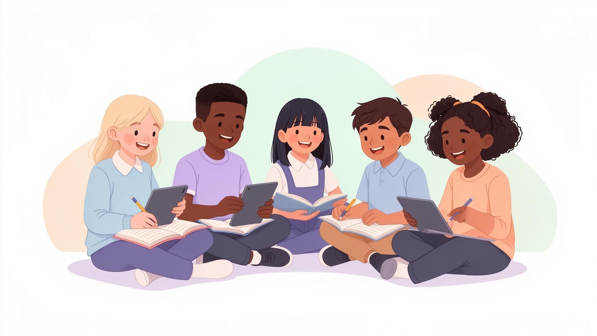 Children learning together with books and tablets in calm pastel colours